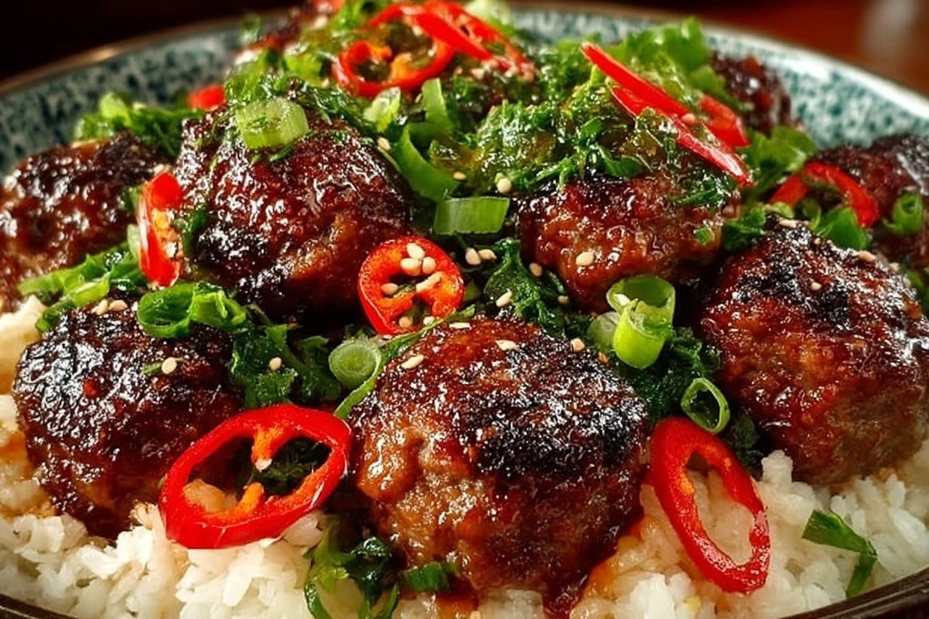 Firecracker Meatballs with Coconut Rice on a plate