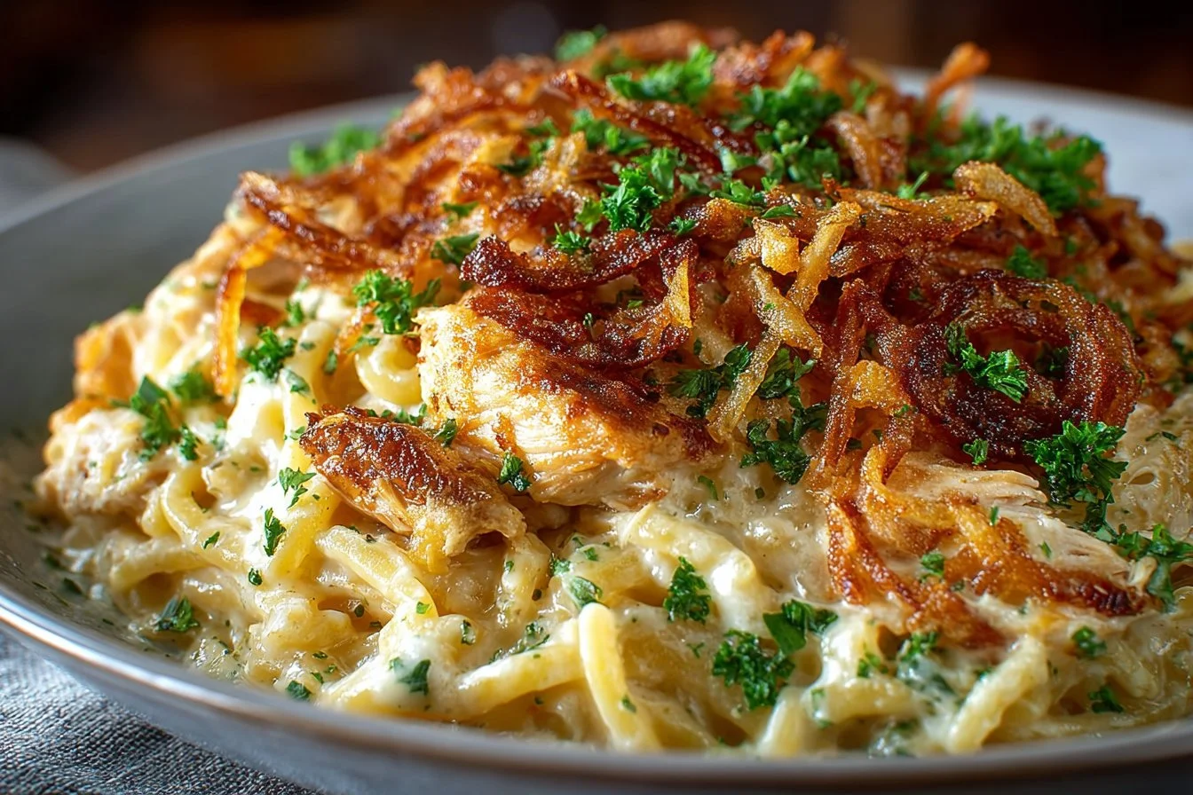 Delicious French Onion Chicken Orzo Casserole topped with melted cheese
