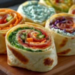 Fresh vegetable tortilla roll-ups with colorful veggies wrapped in tortillas