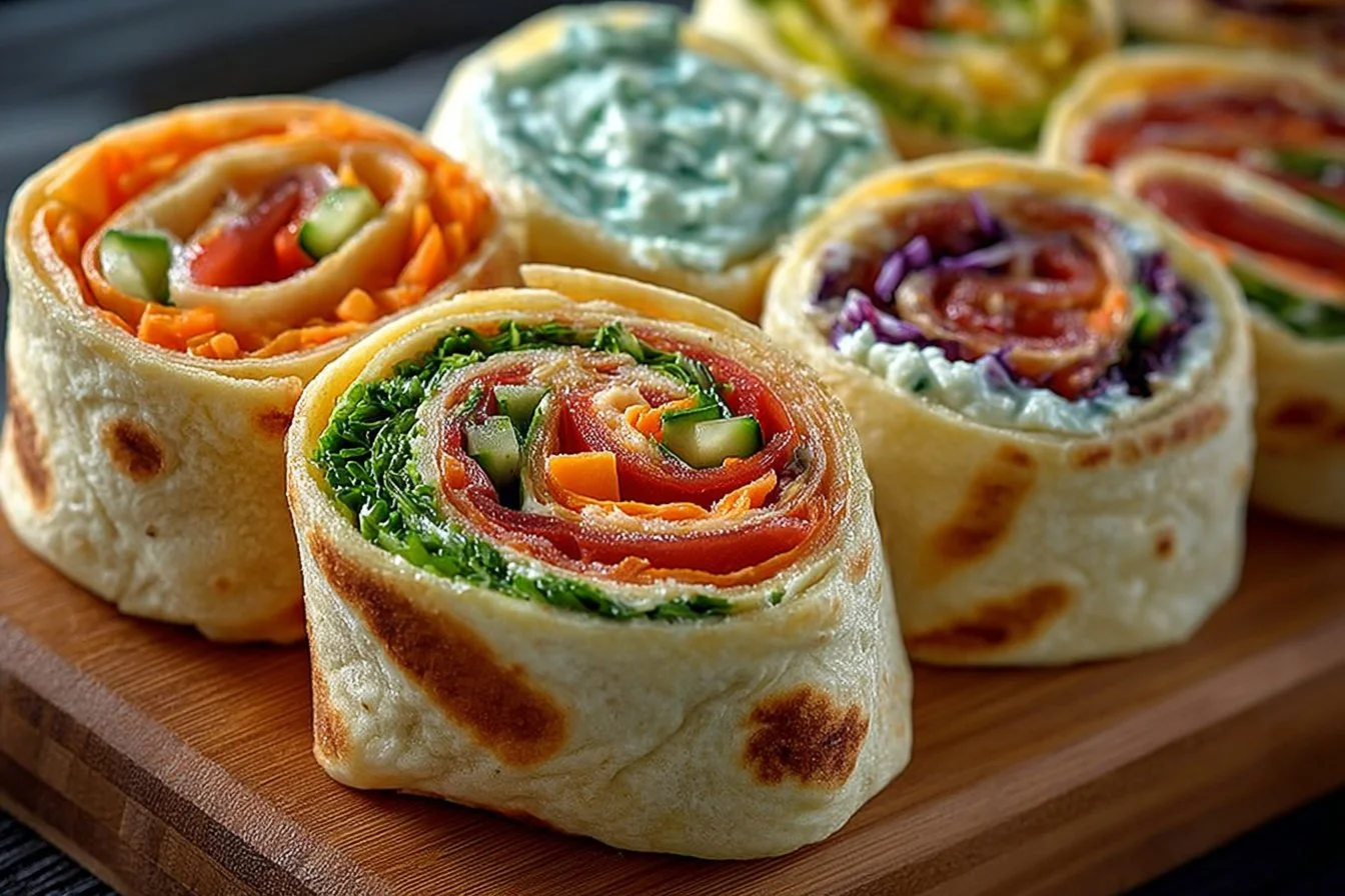 Fresh vegetable tortilla roll-ups with colorful veggies wrapped in tortillas