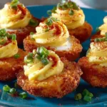 Plate of Fried Deviled Eggs garnished with herbs and spices