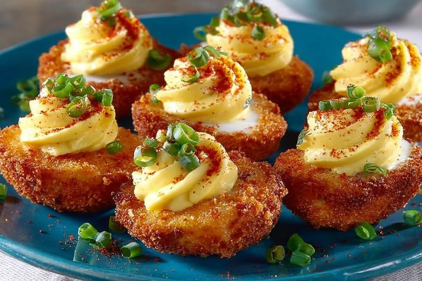 Plate of Fried Deviled Eggs garnished with herbs and spices