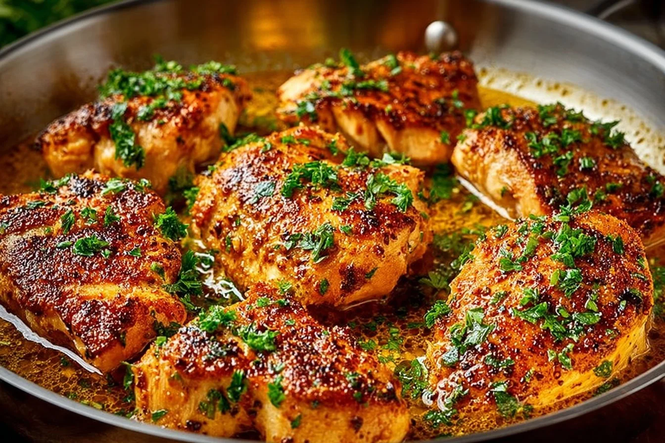 Delicious Garlic Butter Chicken served with herbs and vegetables