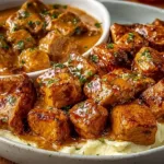 Garlic Pork Bites served on a platter, showcasing juicy and flavorful pieces