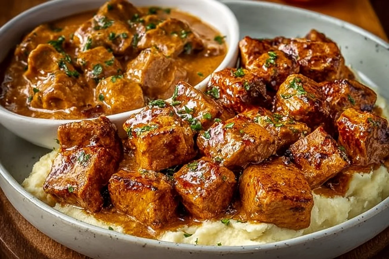 Garlic Pork Bites served on a platter, showcasing juicy and flavorful pieces