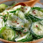 A bowl of vibrant German cucumber salad topped with fresh herbs