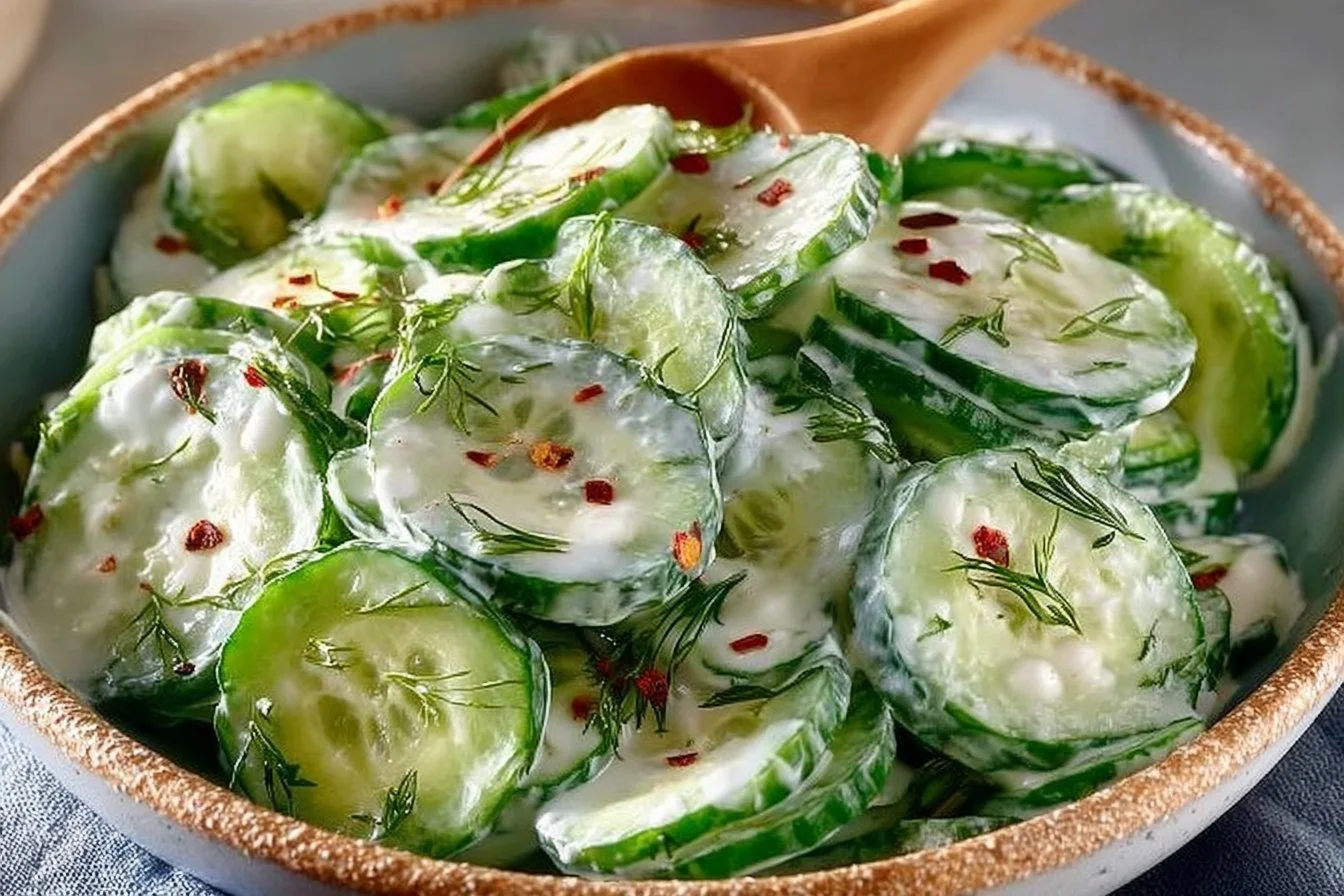 A bowl of vibrant German cucumber salad topped with fresh herbs