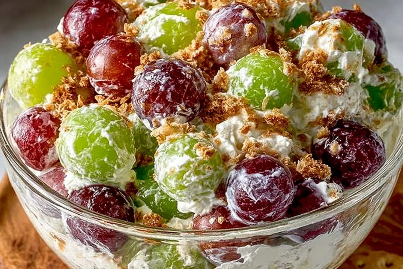 Delicious grape salad with fresh grapes, nuts, and creamy dressing