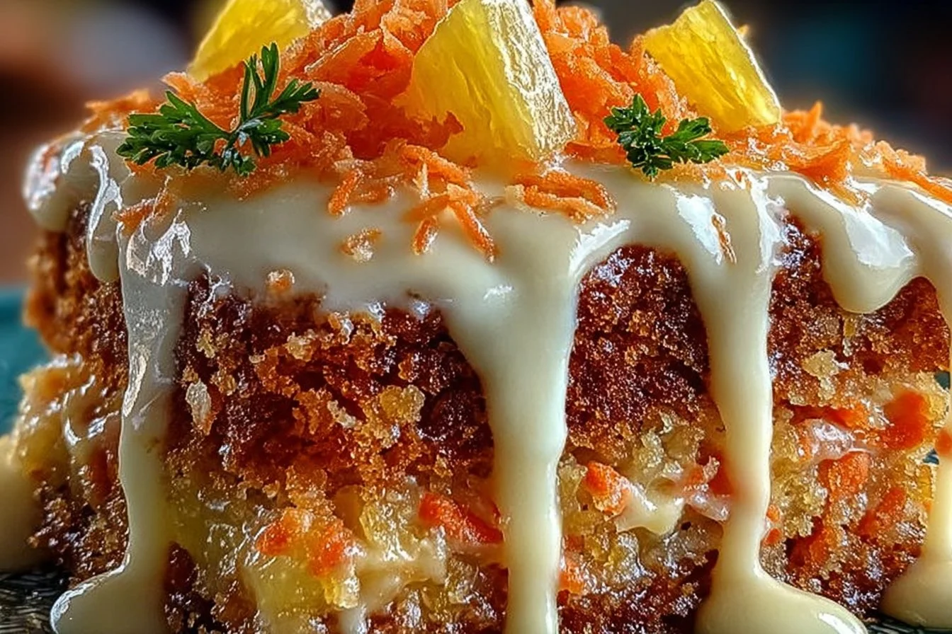 Delicious Hawaiian Carrot Pineapple Cake topped with cream cheese frosting