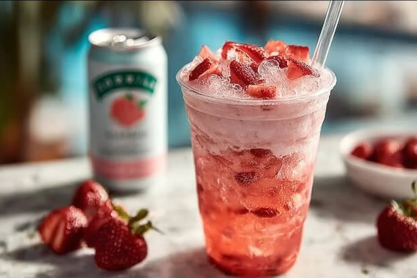 Healthy pink drink made with fresh fruits and coconut milk