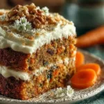 Delicious homemade carrot cake topped with cream cheese frosting and walnuts.