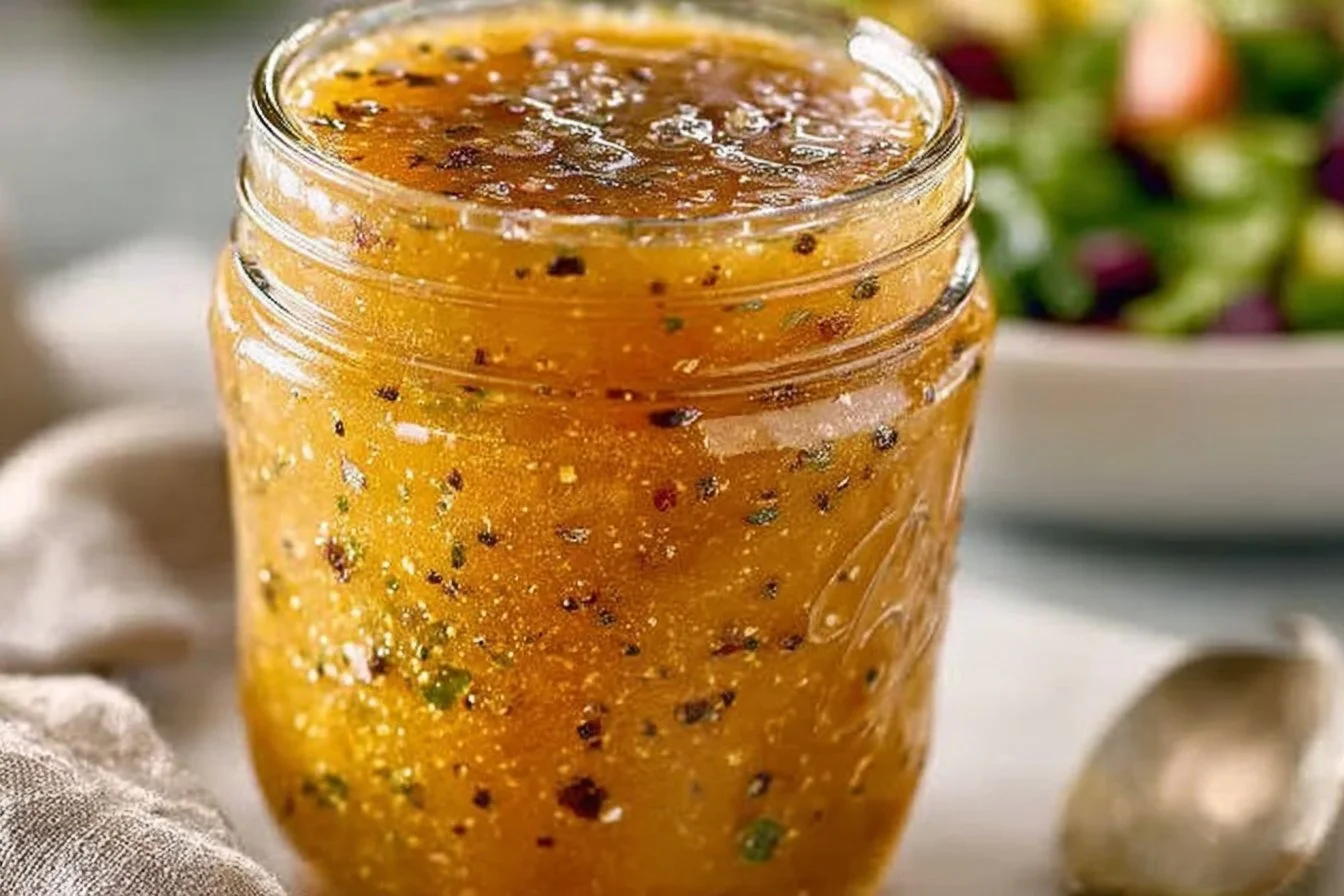 Bowl of homemade Italian dressing with fresh herbs and spices