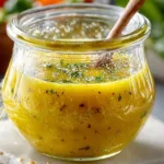 Bottle of homemade vinaigrette salad dressing on a kitchen counter.