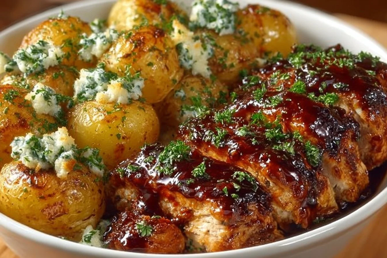 Plate of Honey BBQ Chicken served with Garlic Parmesan Potatoes