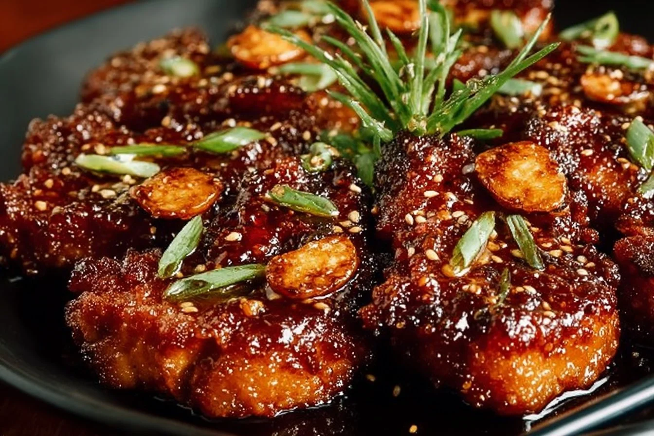 Honey Garlic Pork Chops served on a plate with garnishes