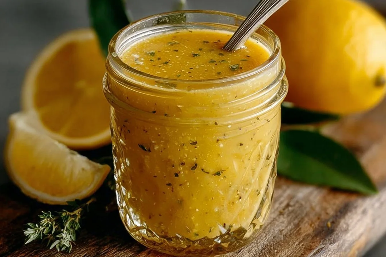 Honey Lemon Vinaigrette dressing poured over a fresh salad