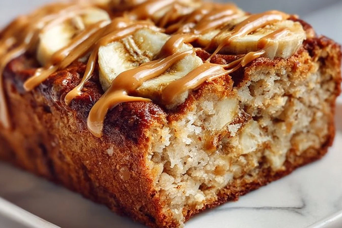 Delicious slice of honey vanilla banana bread on a wooden board