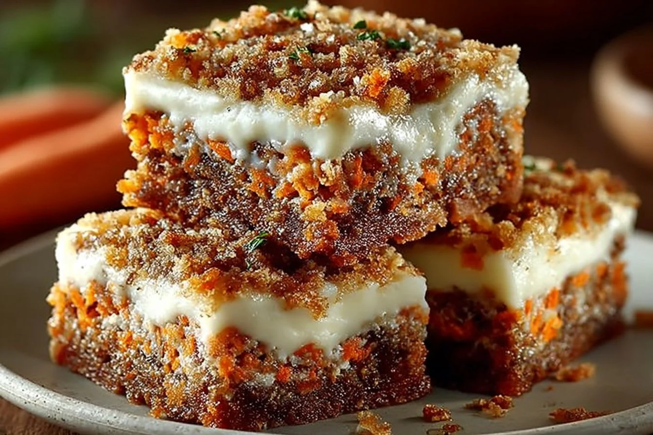 Delicious carrot cake cream cheese bars topped with a creamy frosting