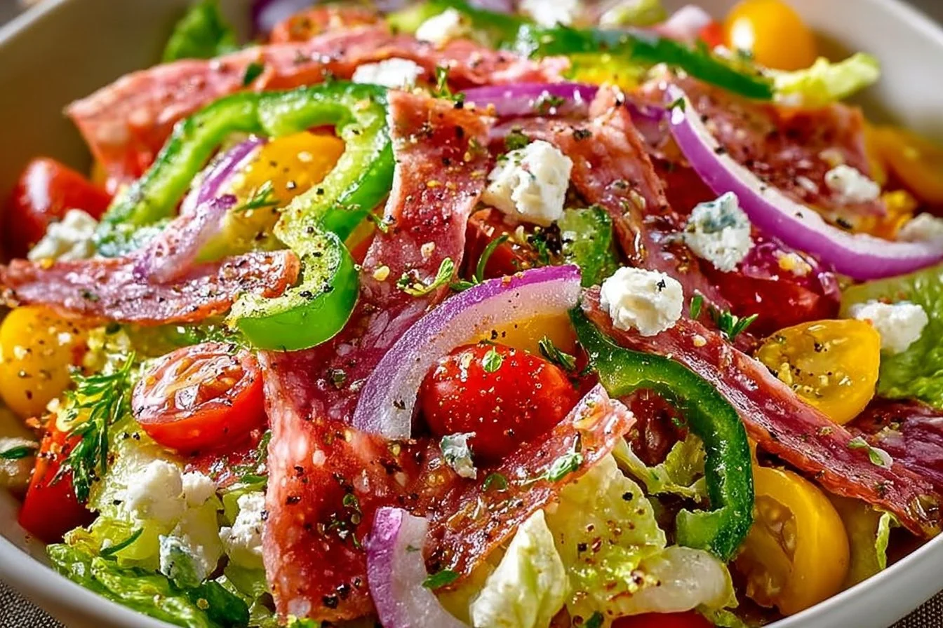Colorful Italian Chopped Salad with fresh vegetables and dressing