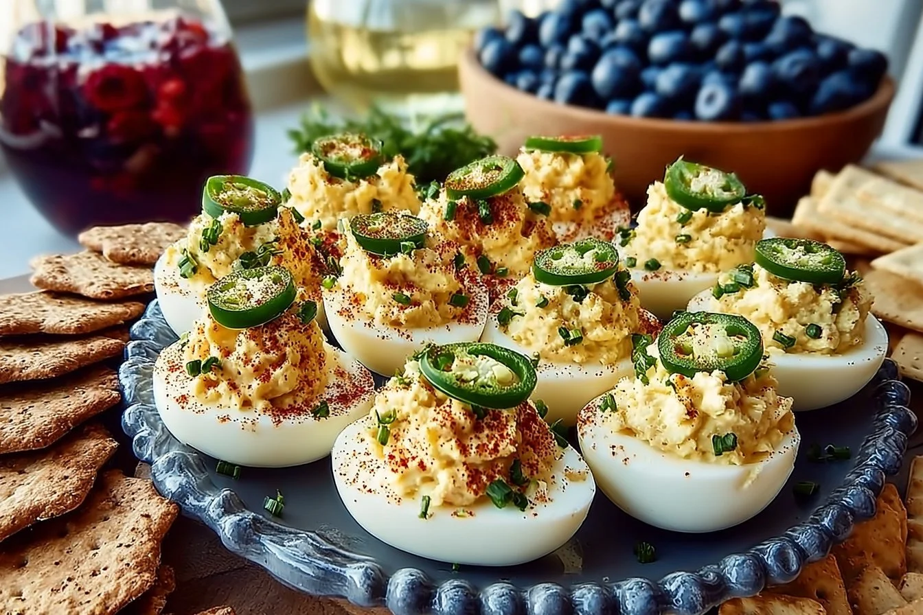 Delicious Jalapeno Popper Deviled Eggs garnished with jalapenos and bacon.