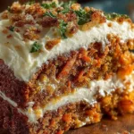 Slice of Joanna Gaines carrot cake on a plate, topped with cream cheese frosting