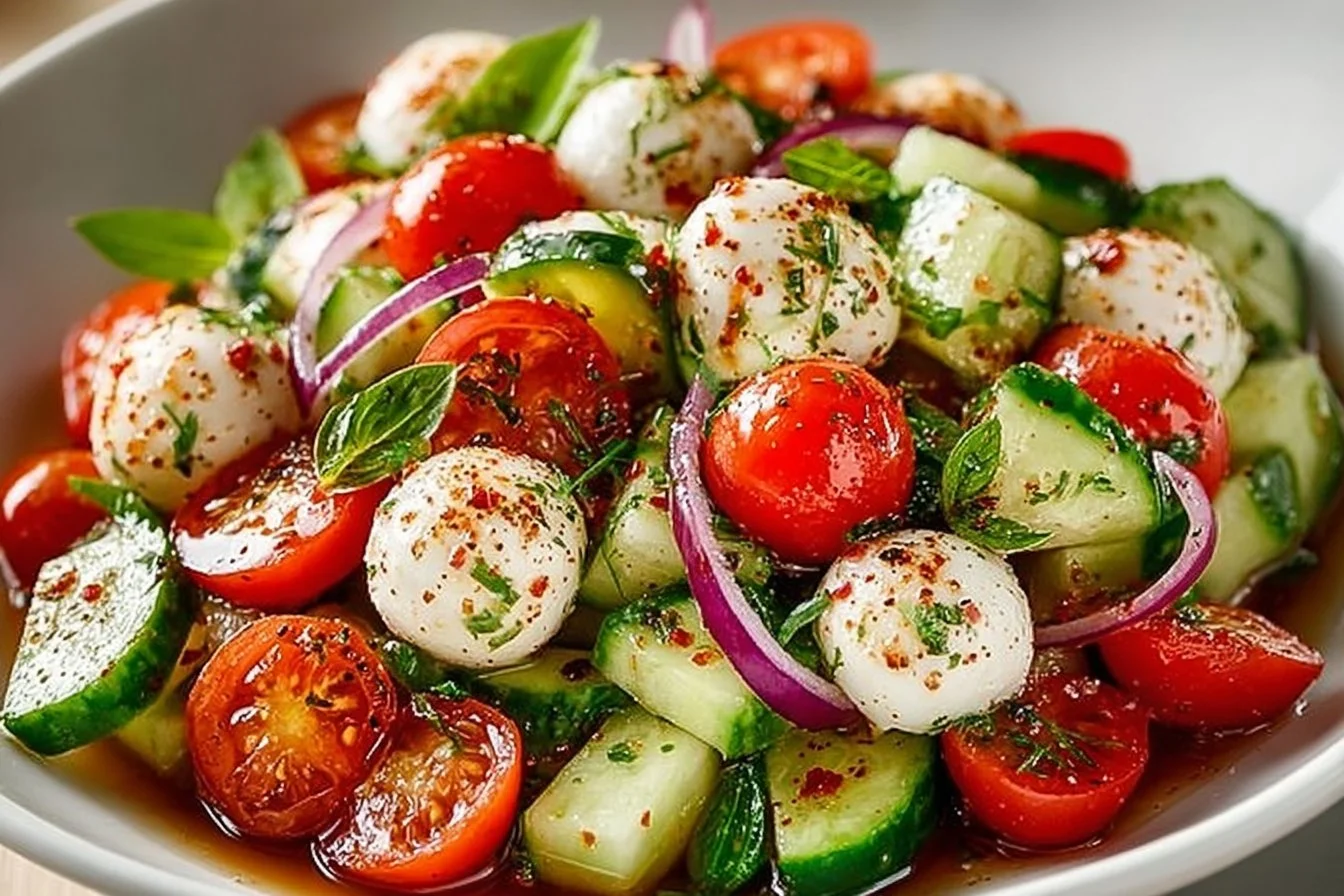 Juicy Cucumber Caprese Salad with tomatoes, mozzarella, and basil.