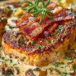 Keto Smothered Pork Chops with creamy mushroom garlic sauce on a plate