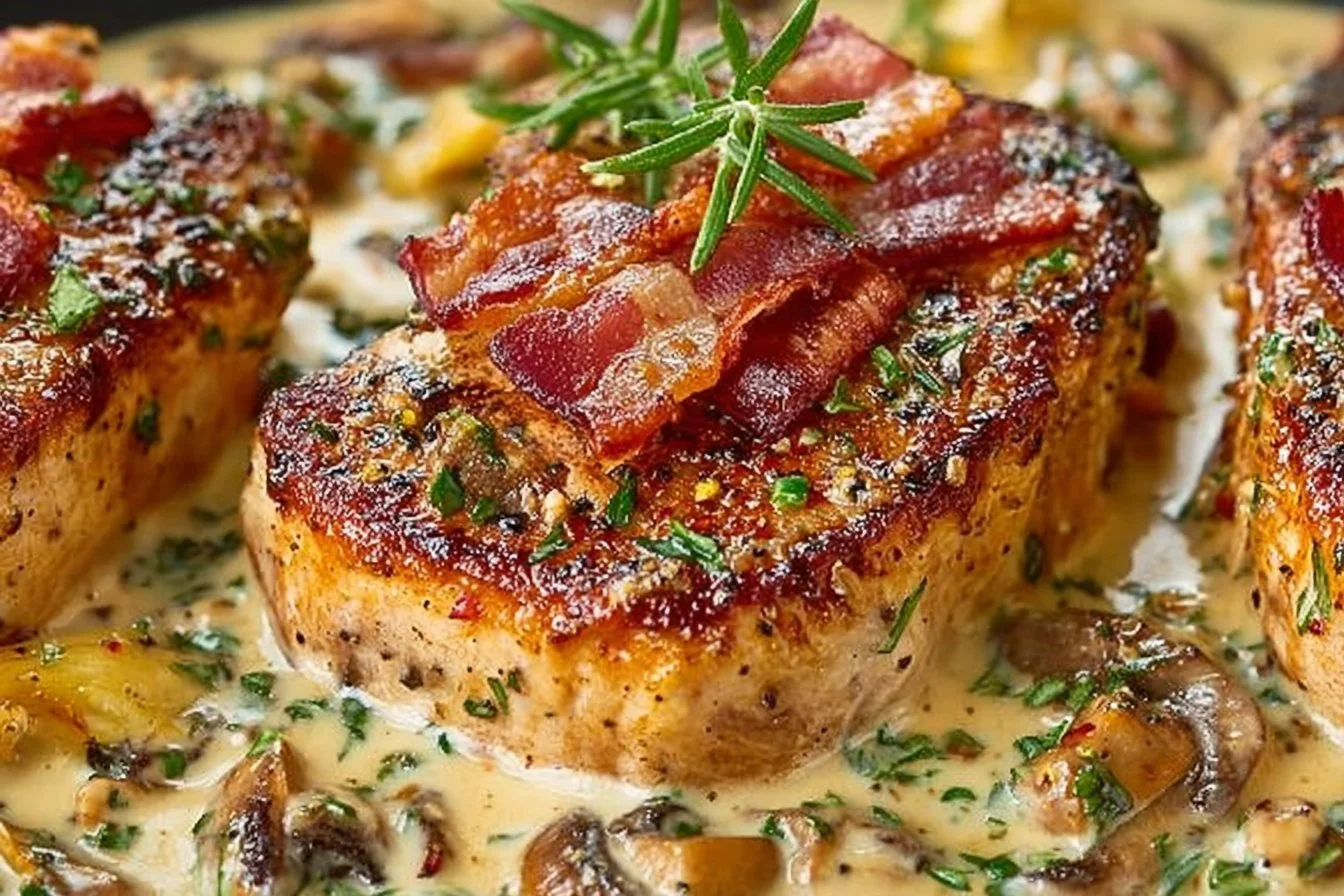 Keto Smothered Pork Chops with creamy mushroom garlic sauce on a plate