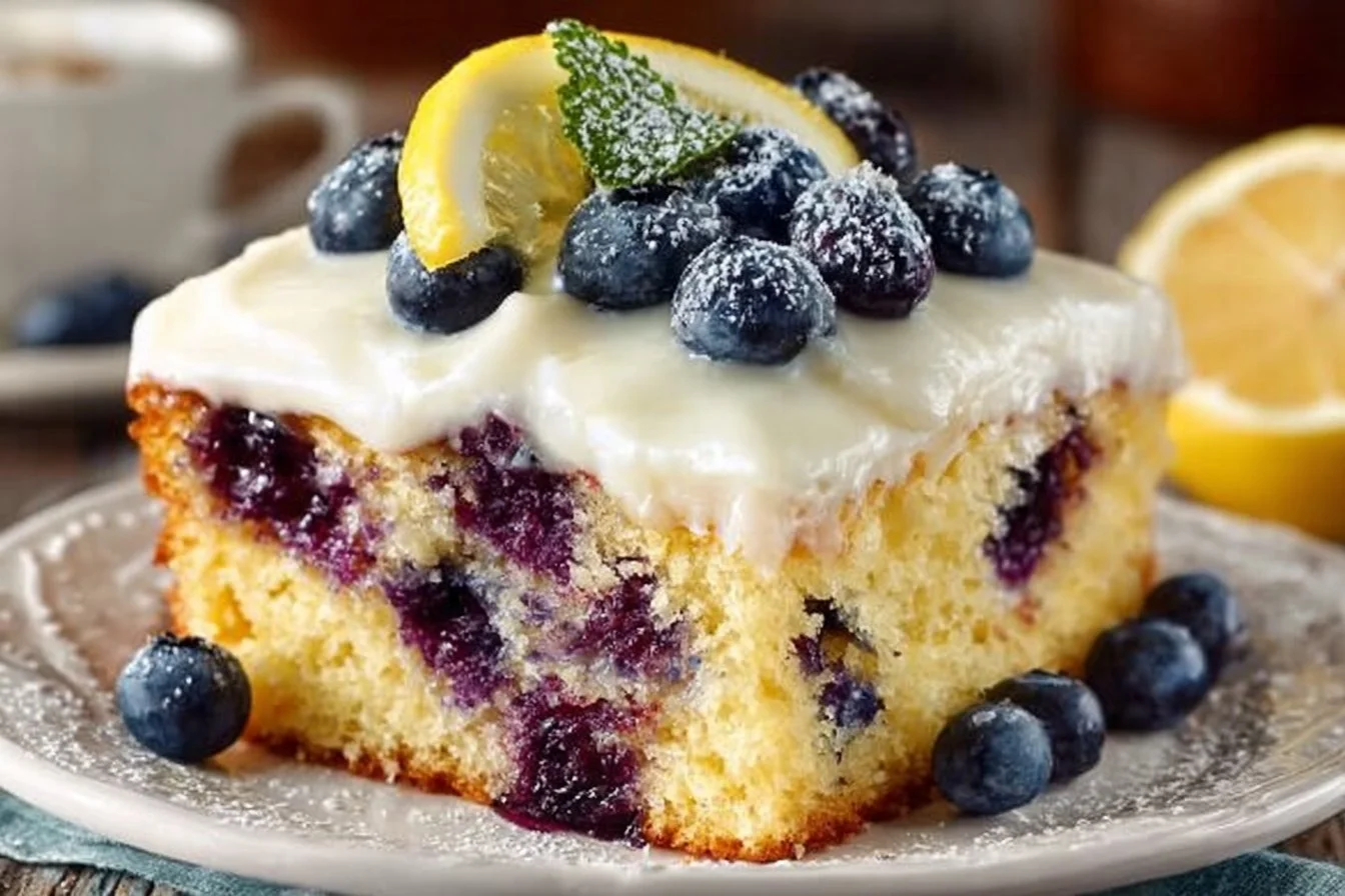 Delicious lemon blueberry cake with fresh berries on a rustic wooden table