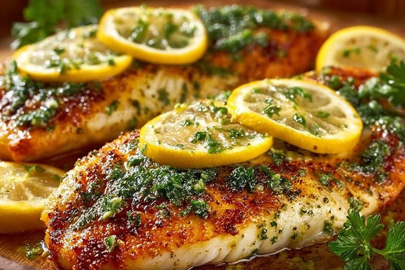 Tender Lemon Butter Tilapia fillets garnished with fresh herbs and lemon slices