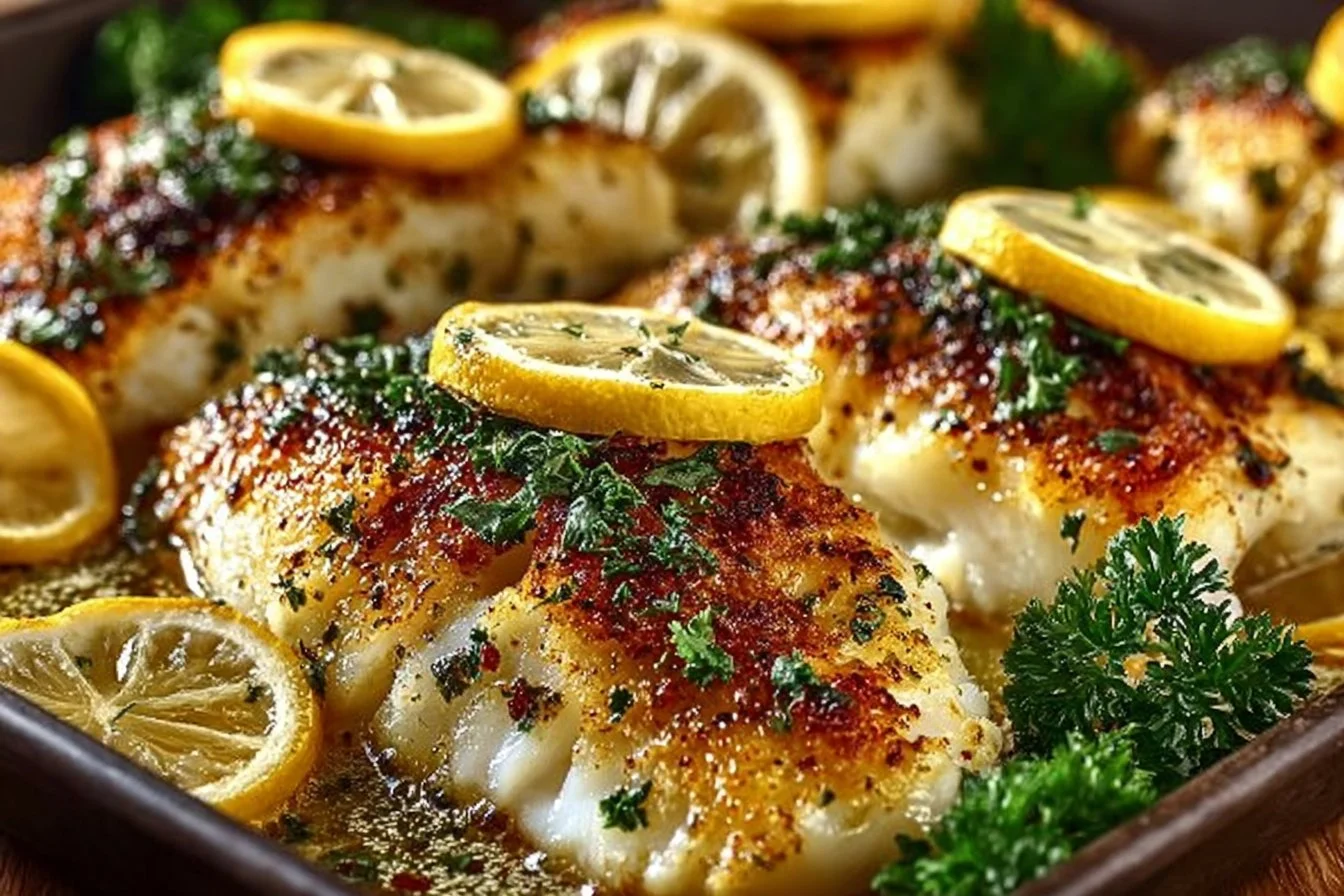 Lemon garlic butter baked tilapia fillet served on a plate with herbs