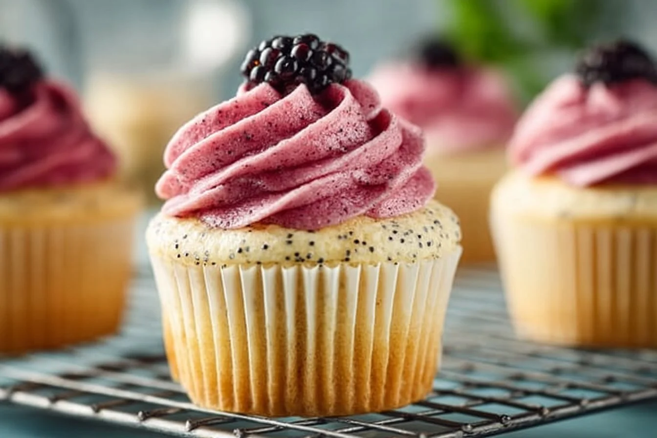 Freshly baked lemon poppy seed cupcakes with icing and lemon slices