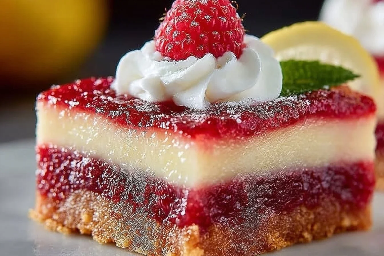 Delicious lemon raspberry bars with a crumbly crust and vibrant raspberry topping