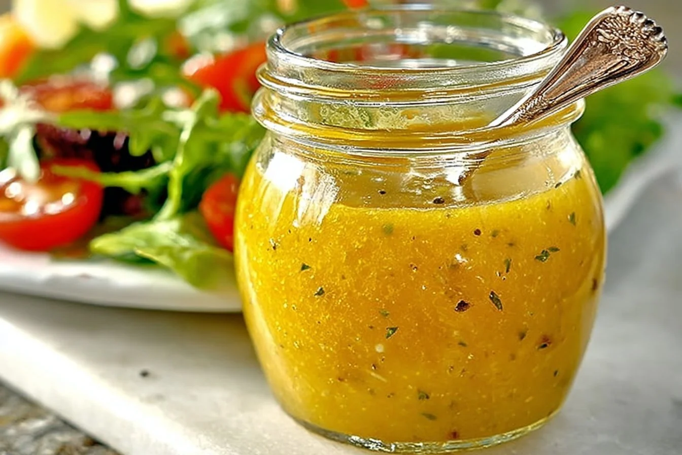 Fresh lemon vinaigrette drizzled over a colorful salad