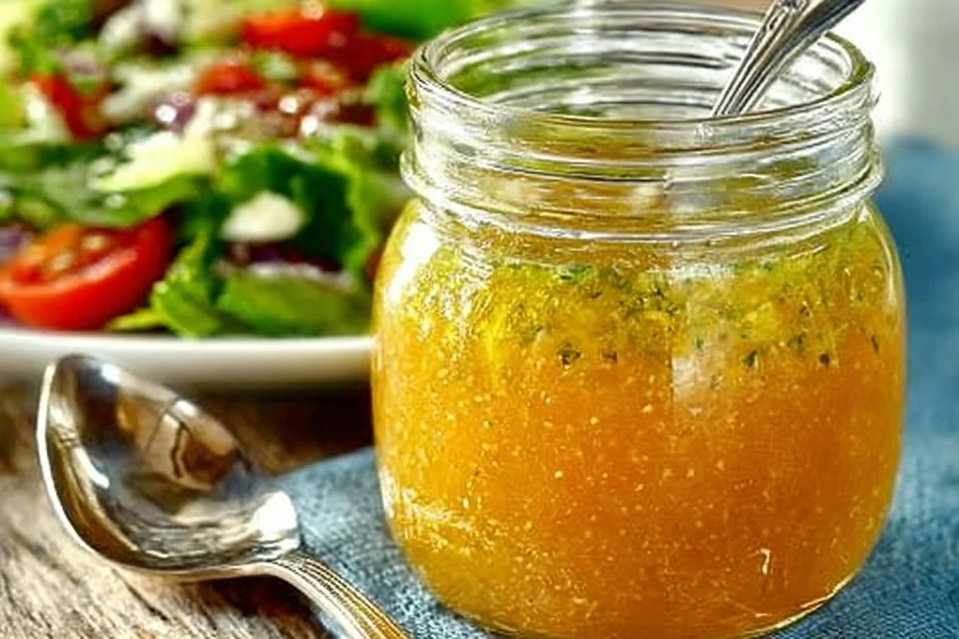 Homemade Lemon Vinaigrette in a jar with fresh lemons and herbs