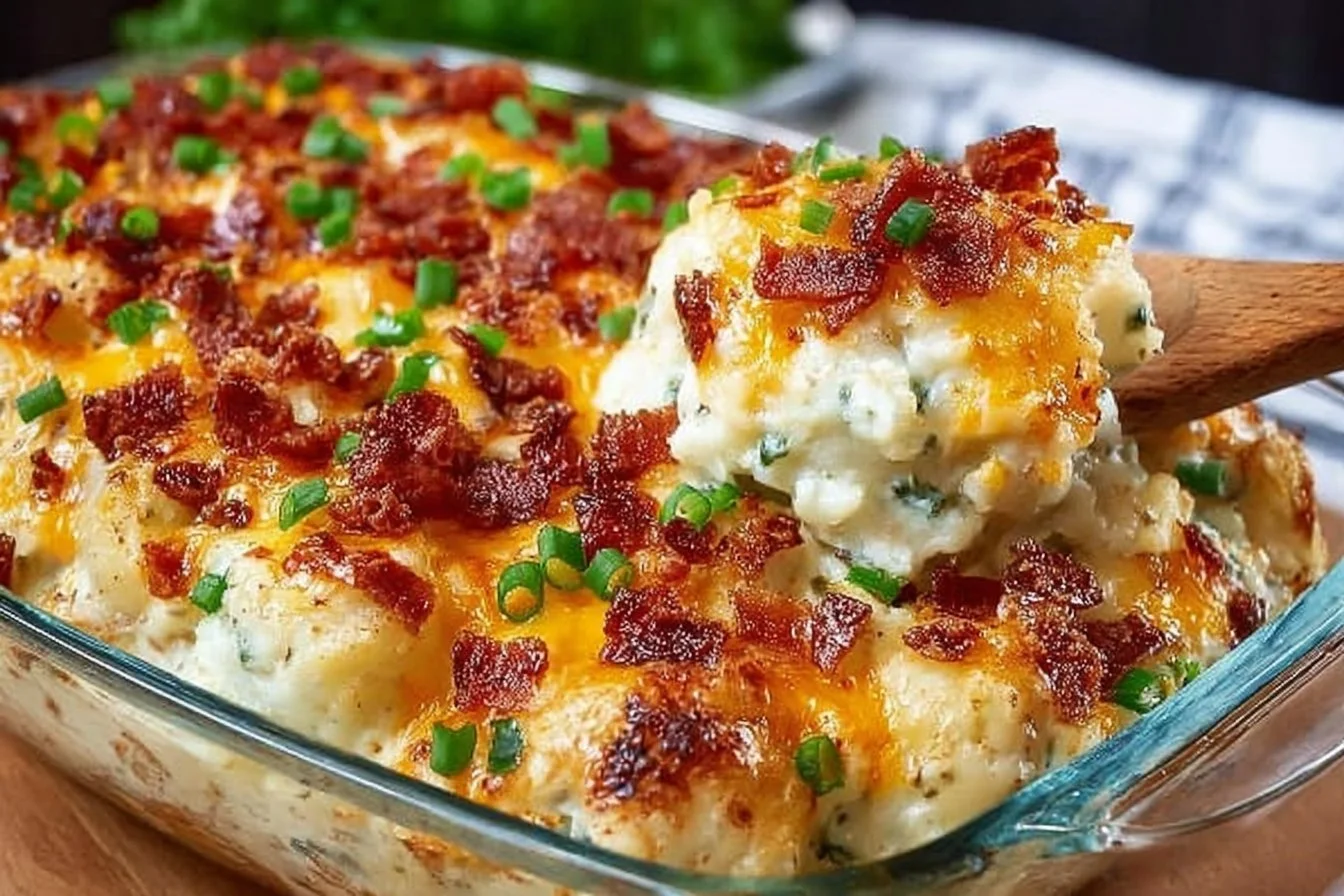 Delicious Loaded Baked Potato Casserole with cheese and toppings