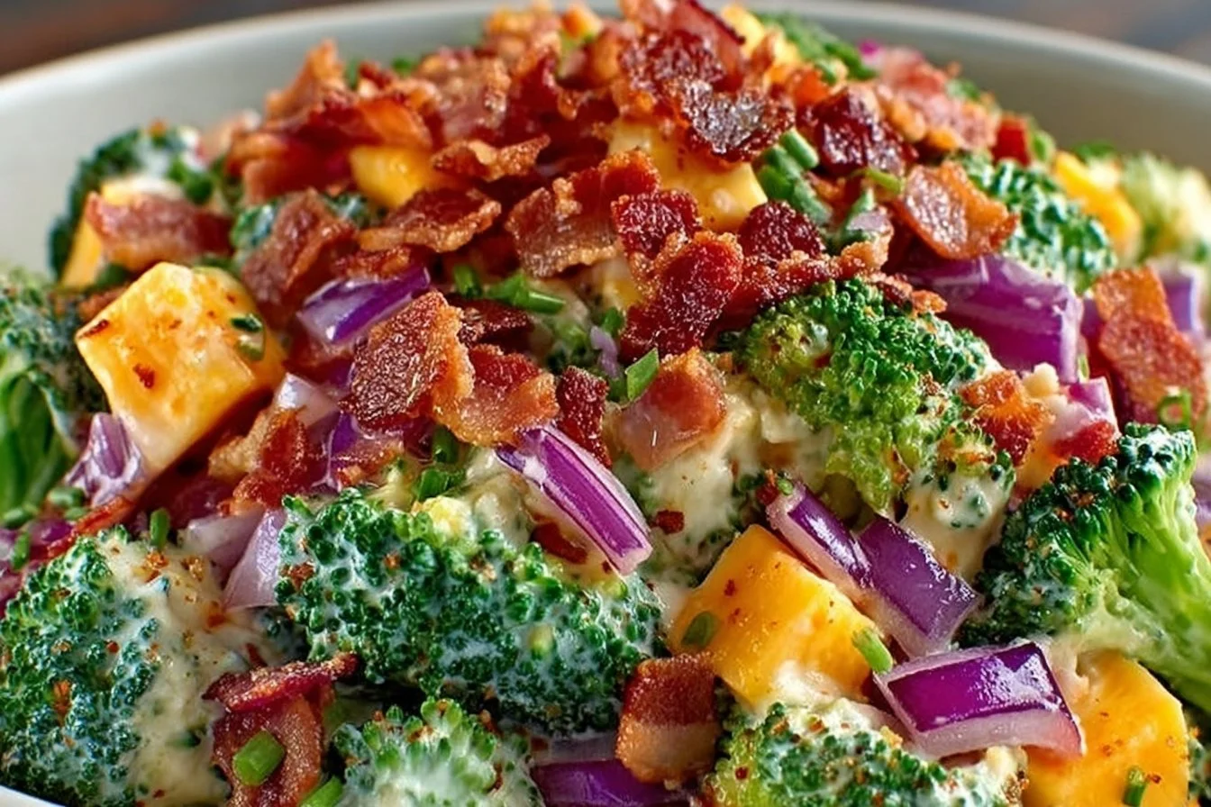 Low carb broccoli salad with fresh vegetables and dressing