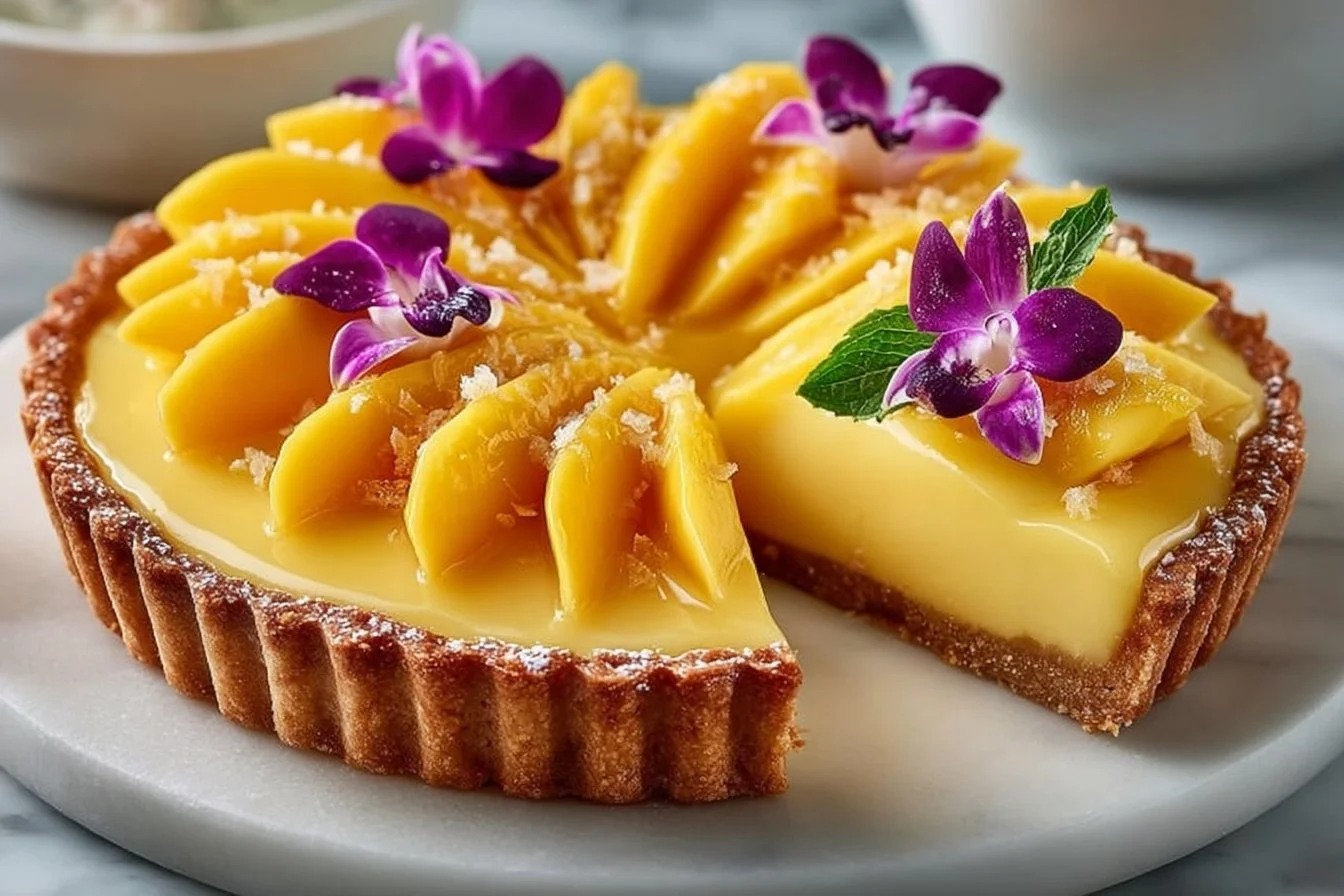 Delicious mango curd tart with a buttery crust and vibrant mango topping