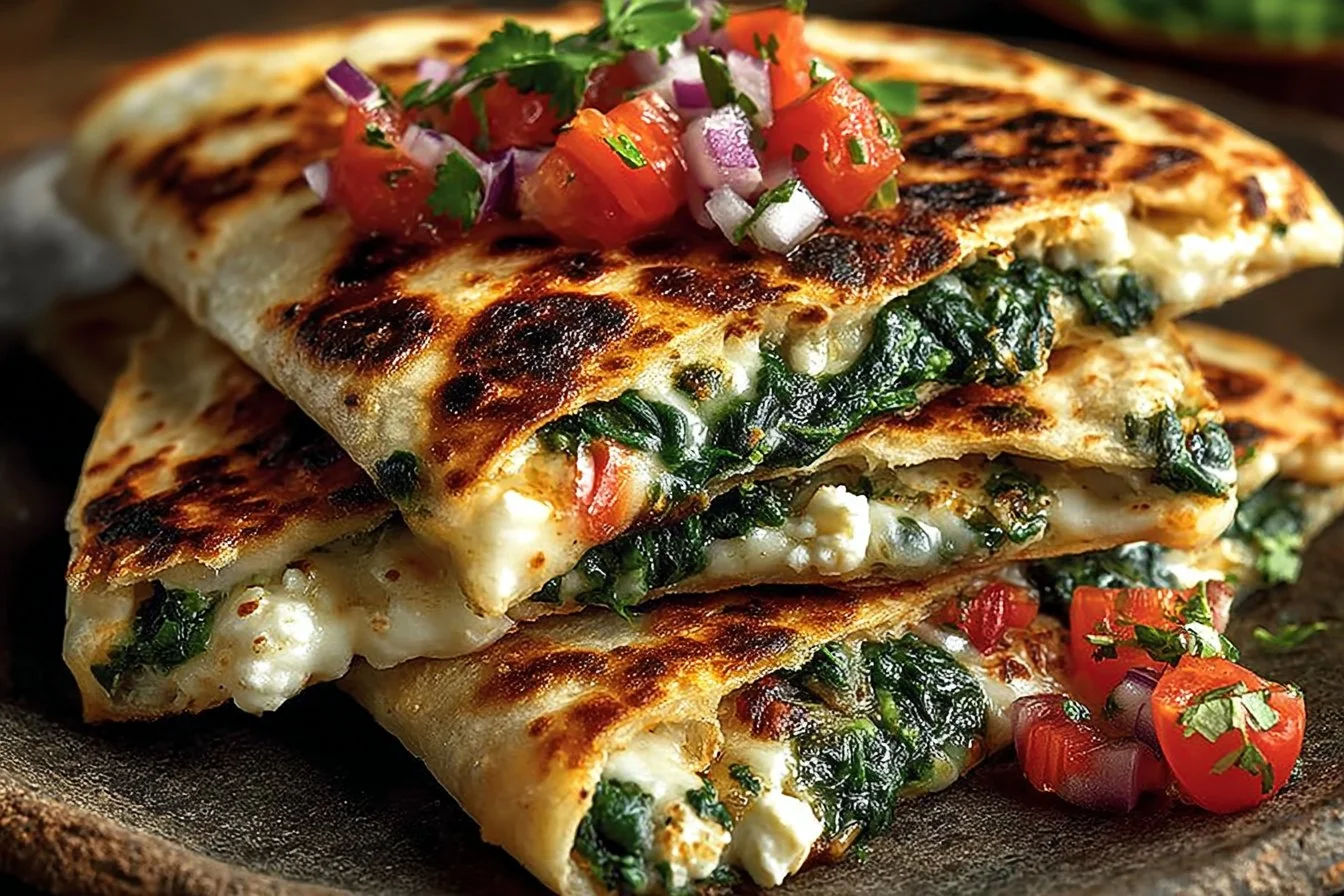 Mediterranean Quesadillas with spinach, feta, mozzarella, and red onion ready to serve.