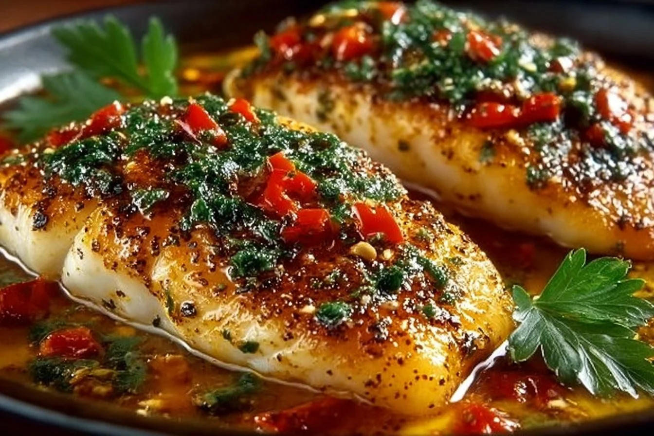 Delicious Mediterranean Tilapia garnished with fresh herbs and veggies