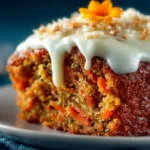 Slice of moist carrot cake topped with cream cheese frosting and walnuts