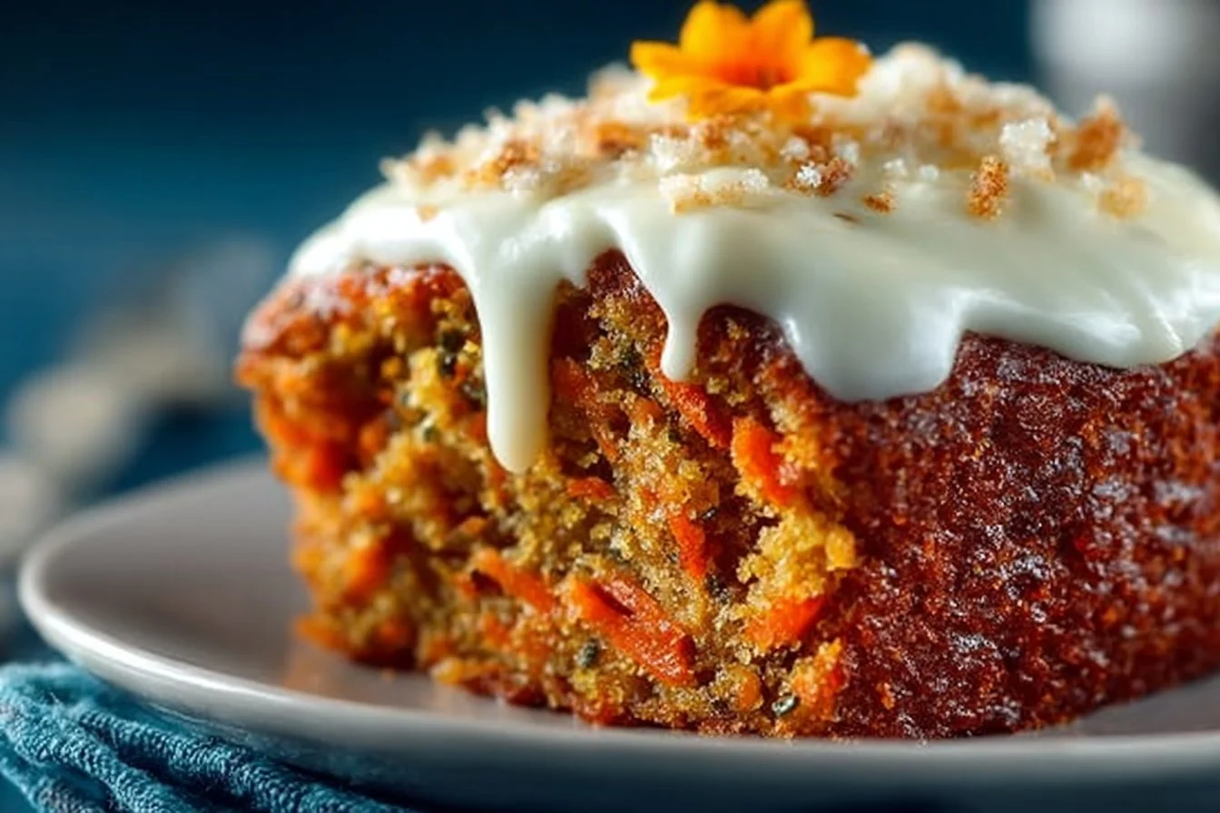 Slice of moist carrot cake topped with cream cheese frosting and walnuts