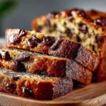 Moist chocolate chip banana bread slice on a wooden table