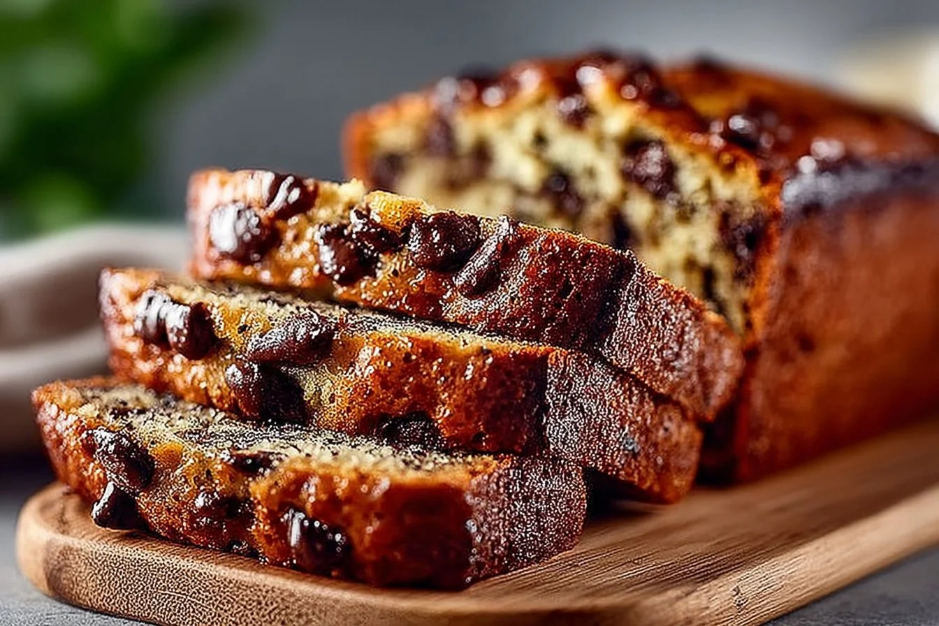 Moist chocolate chip banana bread slice on a wooden table