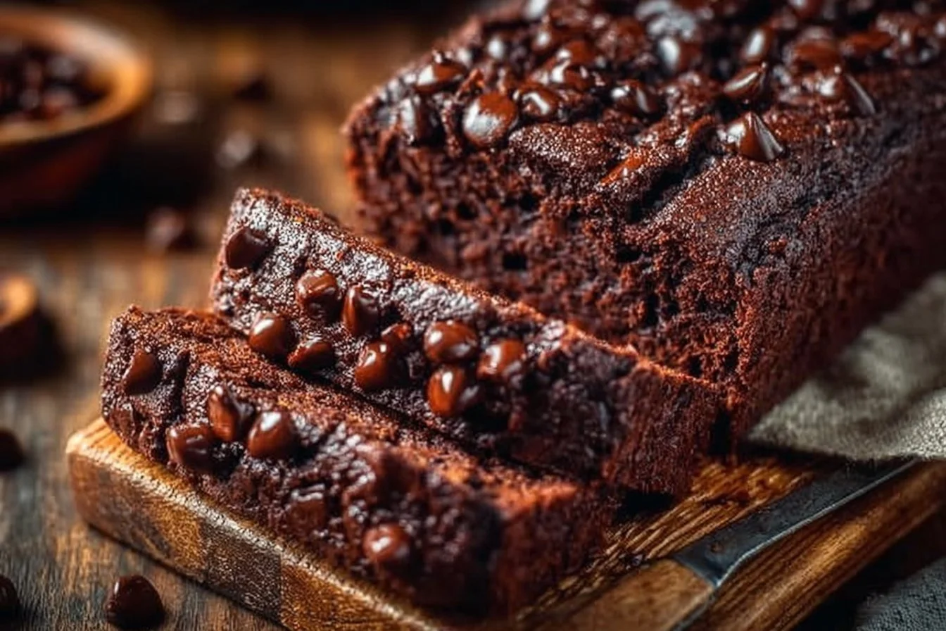 Moist double chocolate banana bread loaf with chocolate chips and bananas