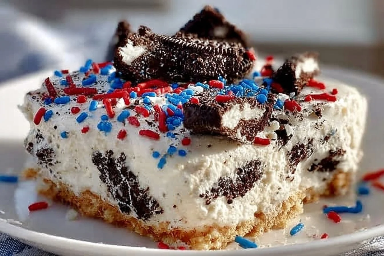 Delicious No-Bake Fireworks Oreo Cheesecake Bars with creamy texture and colorful toppings