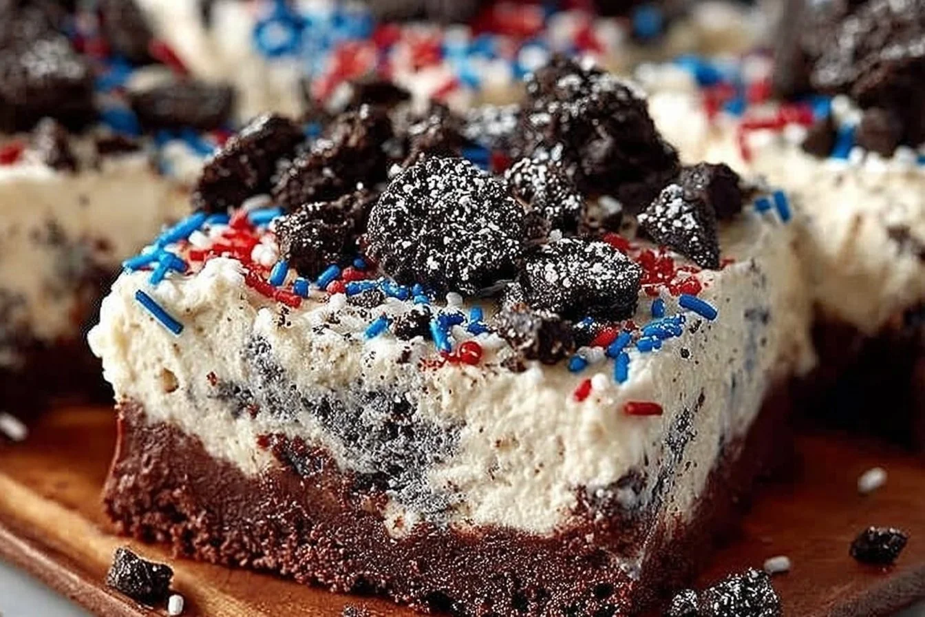 No-Bake Fireworks Oreo Cheesecake Bars add a little spark to lusciously creamy Oreo Cheesecake Bar…