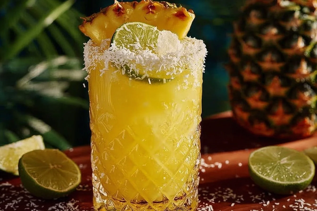 Delicious non alcoholic piña colada punch served in a glass with tropical garnishes