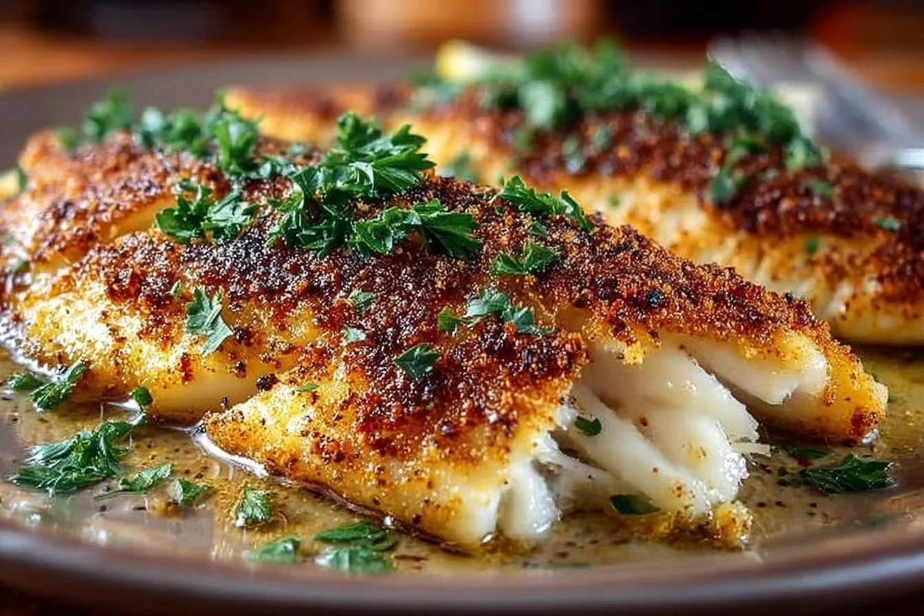 One-Skillet Lemon Butter Tilapia served with lemon slices and herbs