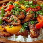 Delicious plate of orange chicken with vibrant orange sauce and garnishes.